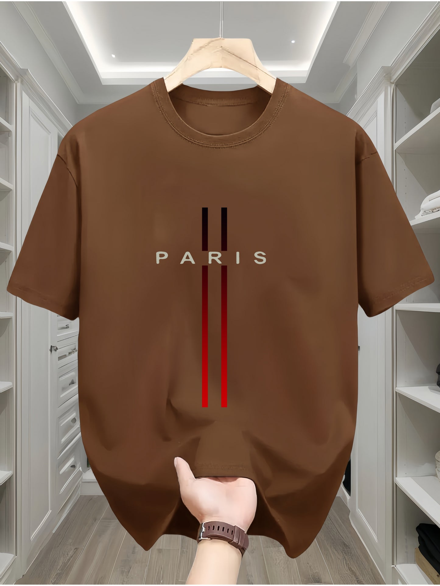 Men's 100% Cotton T-Shirt with Paris Flag Letter Geometric Print - Casual All-Season Crew Neck Tee with Short Sleeves and Slight Stretch - Comfortable Knit Fabric Regular Fit Sportswear Top