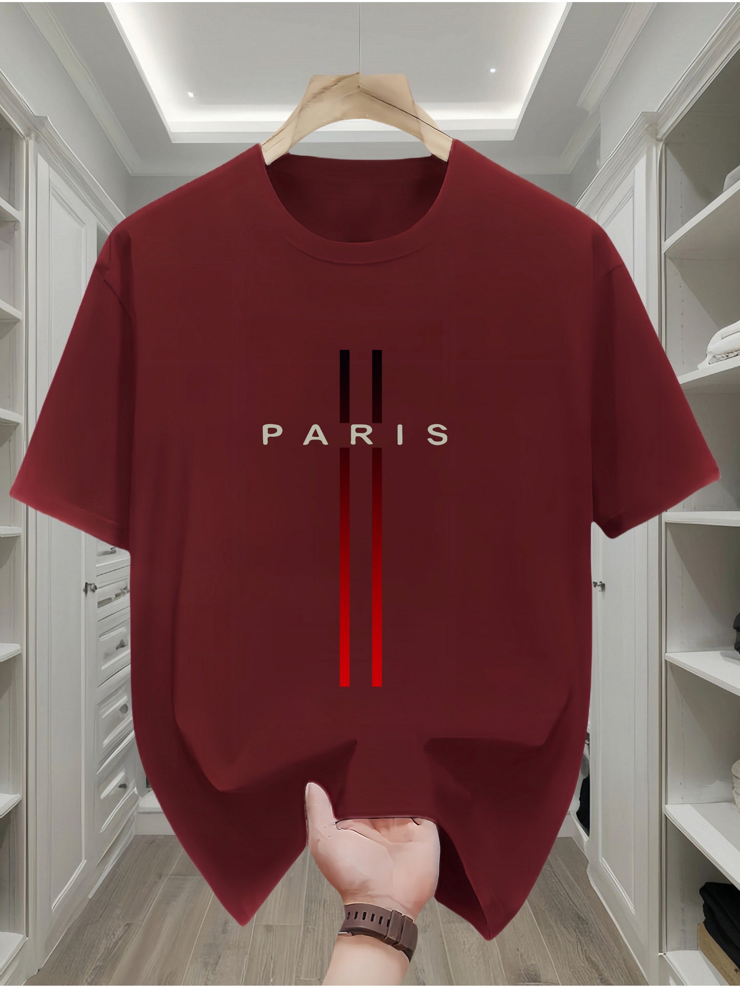 Men's 100% Cotton T-Shirt with Paris Flag Letter Geometric Print - Casual All-Season Crew Neck Tee with Short Sleeves and Slight Stretch - Comfortable Knit Fabric Regular Fit Sportswear Top