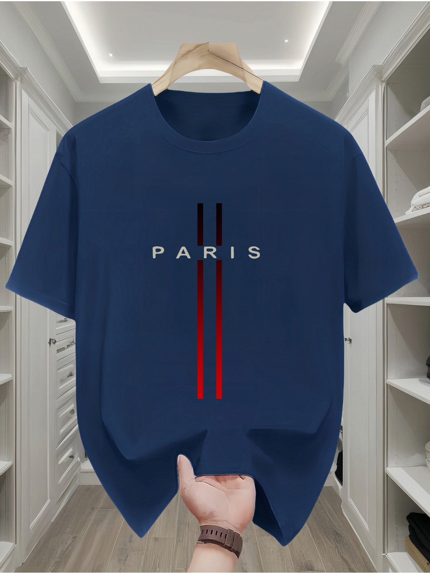 Men's 100% Cotton T-Shirt with Paris Flag Letter Geometric Print - Casual All-Season Crew Neck Tee with Short Sleeves and Slight Stretch - Comfortable Knit Fabric Regular Fit Sportswear Top