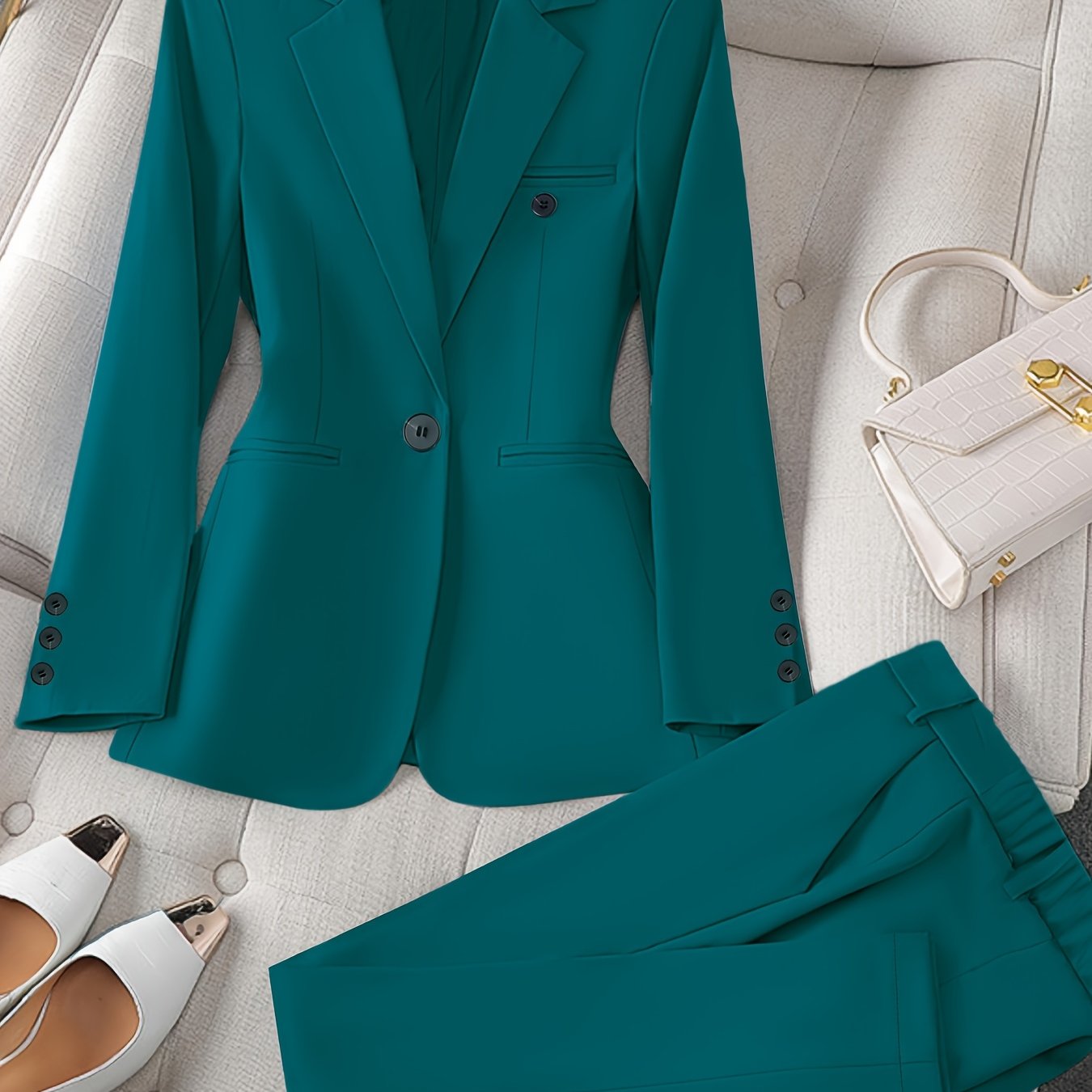 Women'S Casual Two-Piece Set, Stylish Business Solid Color Long Sleeve Suit Jacket and Pants Set, Polyester, Lapel Collar, Regular Fit, All Season, with Optional Handbag and Earrings, for Fashionable Workwear, Business Attire