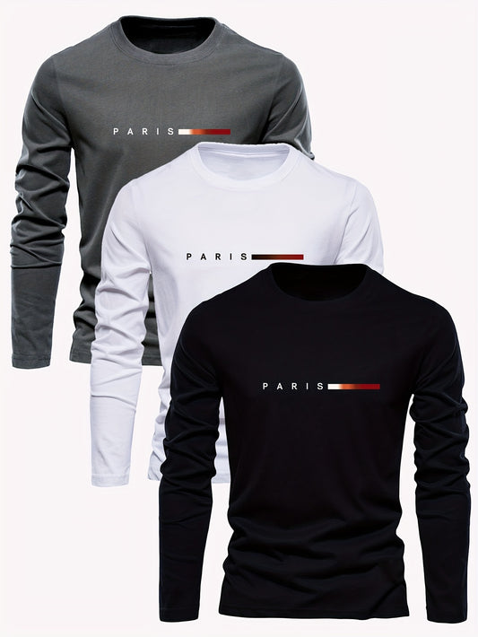 3pcs Men's 100% Cotton Long Sleeve T-Shirts - Breathable, Casual Crew Neck with Paris Print Design - Perfect for Spring/Fall