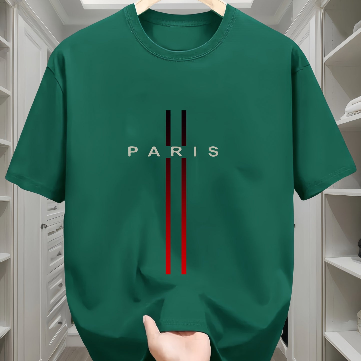Men's 100% Cotton T-Shirt with Paris Flag Letter Geometric Print - Casual All-Season Crew Neck Tee with Short Sleeves and Slight Stretch - Comfortable Knit Fabric Regular Fit Sportswear Top