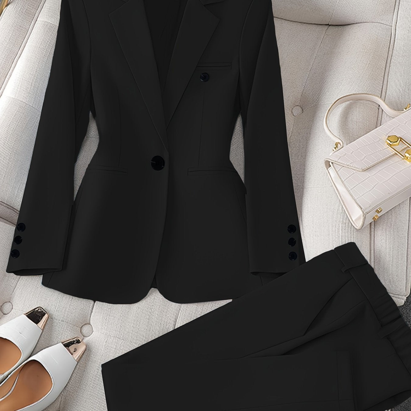 Women'S Casual Two-Piece Set, Stylish Business Solid Color Long Sleeve Suit Jacket and Pants Set, Polyester, Lapel Collar, Regular Fit, All Season, with Optional Handbag and Earrings, for Fashionable Workwear, Business Attire