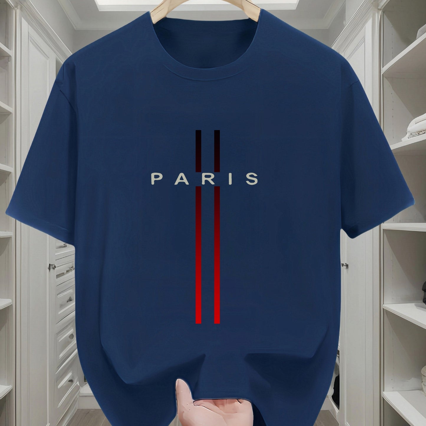 Men's 100% Cotton T-Shirt with Paris Flag Letter Geometric Print - Casual All-Season Crew Neck Tee with Short Sleeves and Slight Stretch - Comfortable Knit Fabric Regular Fit Sportswear Top