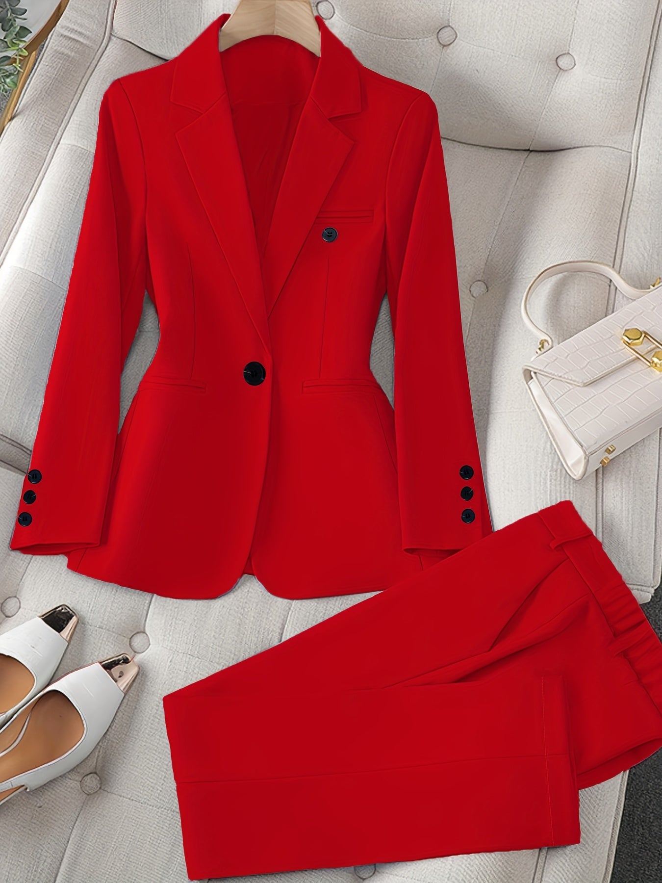 Women'S Casual Two-Piece Set, Stylish Business Solid Color Long Sleeve Suit Jacket and Pants Set, Polyester, Lapel Collar, Regular Fit, All Season, with Optional Handbag and Earrings, for Fashionable Workwear, Business Attire