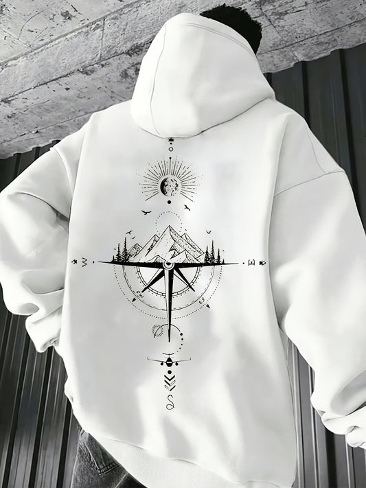 Men'S Autumn Winter Galaxy Print Hooded Sweatshirt, French Terry Fleece, 100% Polyester, Non-Stretch Knit Fabric, Loose Fit with Pocket Detail, Casual Sports Style Hooded Pullover
