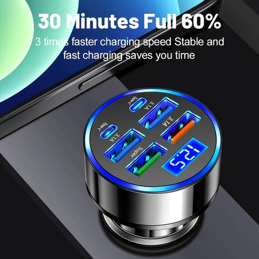 Yixingjia's New Digital Display Car Charger QC3.0+3.1A Car Charger Car Phone Charger Multi-function Car Charger One Drag Six Car Conversion Plug Dual PD Car Charger Flash Charge
