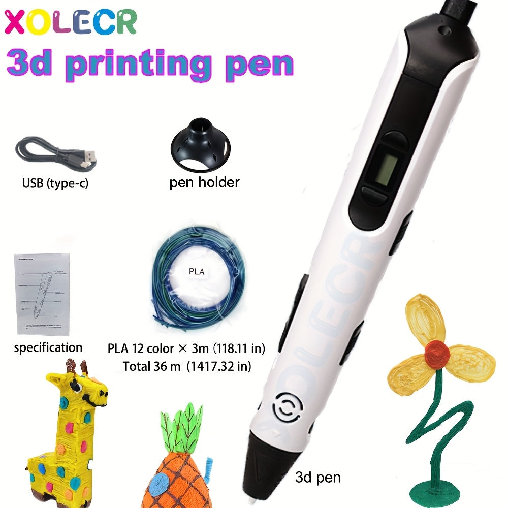 1pc Xolecr 3D Printing Pen with LCD HD Display - USB-Powered, Creative Drawing & Graffiti Art Tool, Ideal for Birthday and Christmas Gifts, Artistic Expression | LCD Screen Display | Versatile Pen, 3rd Generation