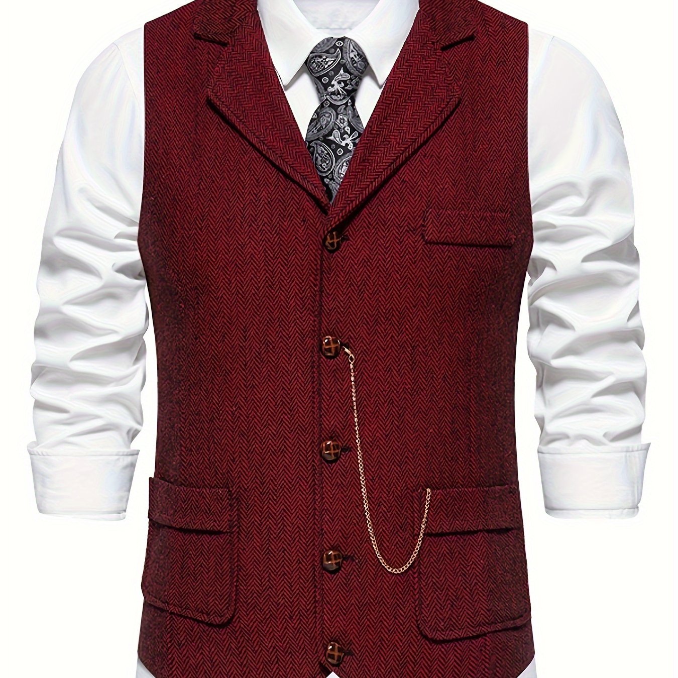 Men's Herringbone Tweed Single-Breasted Lapel Vest with Chain Detail - Stylish Brown Suit Vest for Business or Formal Occasions, Machine Washable, Stylish Layering Piece | Notched Lapel Design | Polyester Blend Vest