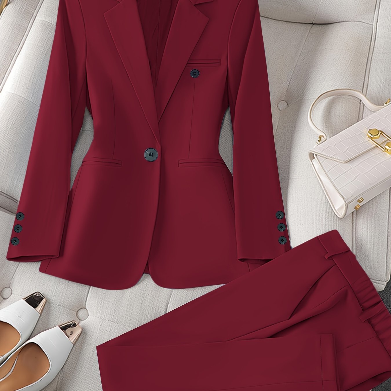 Women'S Casual Two-Piece Set, Stylish Business Solid Color Long Sleeve Suit Jacket and Pants Set, Polyester, Lapel Collar, Regular Fit, All Season, with Optional Handbag and Earrings, for Fashionable Workwear, Business Attire