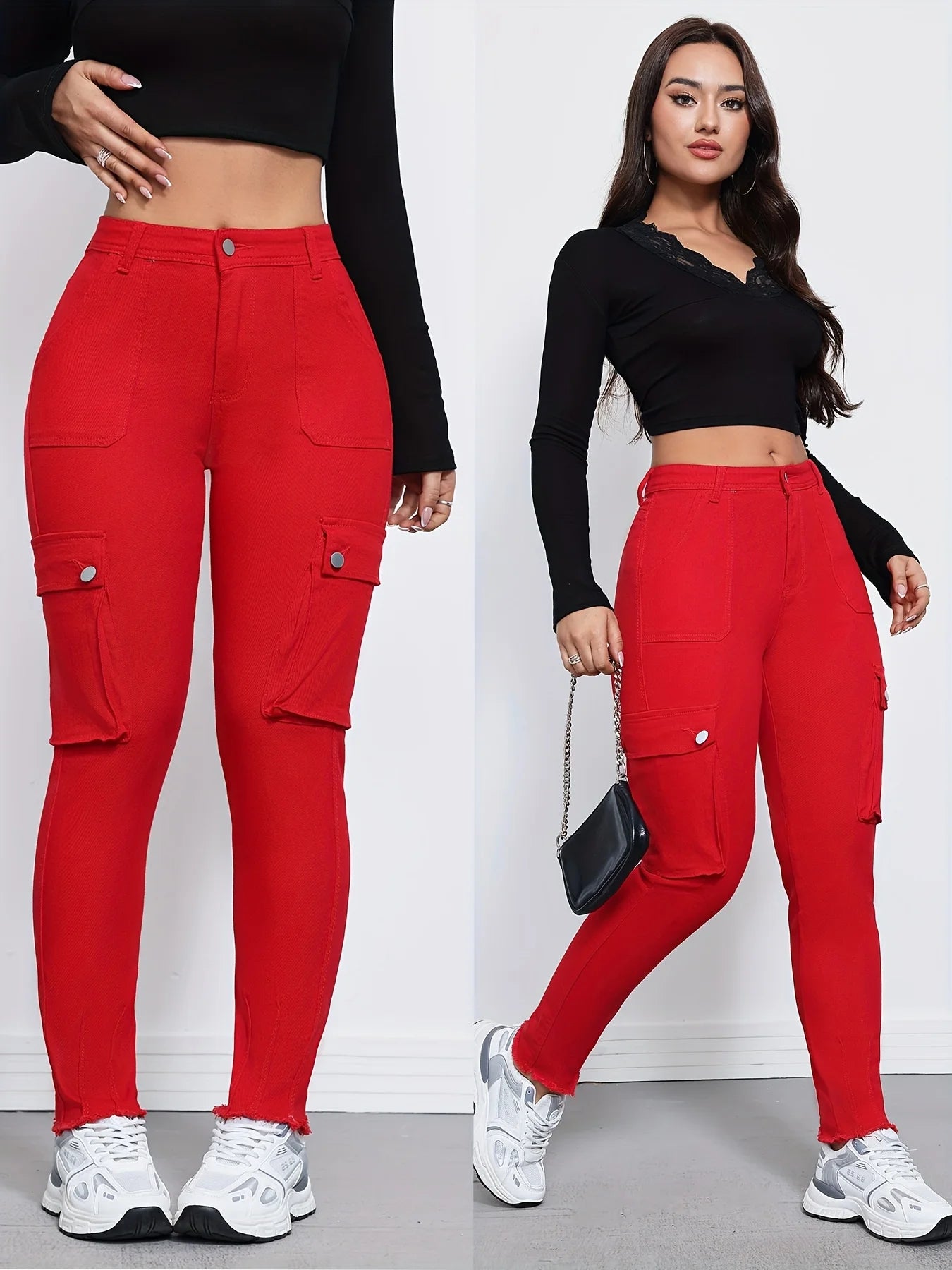 Women's Red Stretch Denim Overalls Mid-rise Slim Fit Multiple Pockets Solid Color Washed Design Side Pockets Four-season Street