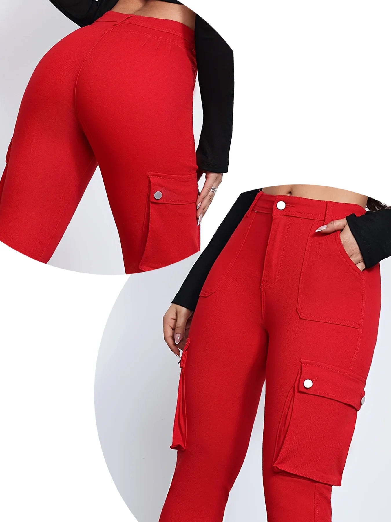 Women's Red Stretch Denim Overalls Mid-rise Slim Fit Multiple Pockets Solid Color Washed Design Side Pockets Four-season Street