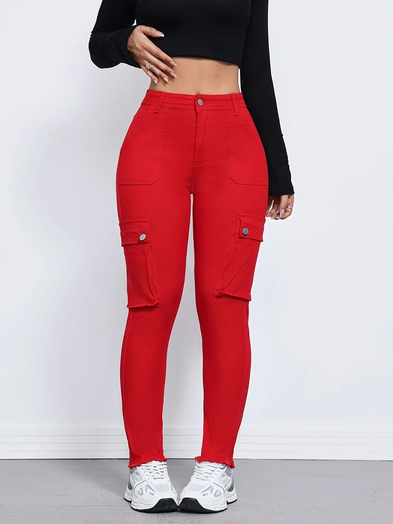 Women's Red Stretch Denim Overalls Mid-rise Slim Fit Multiple Pockets Solid Color Washed Design Side Pockets Four-season Street