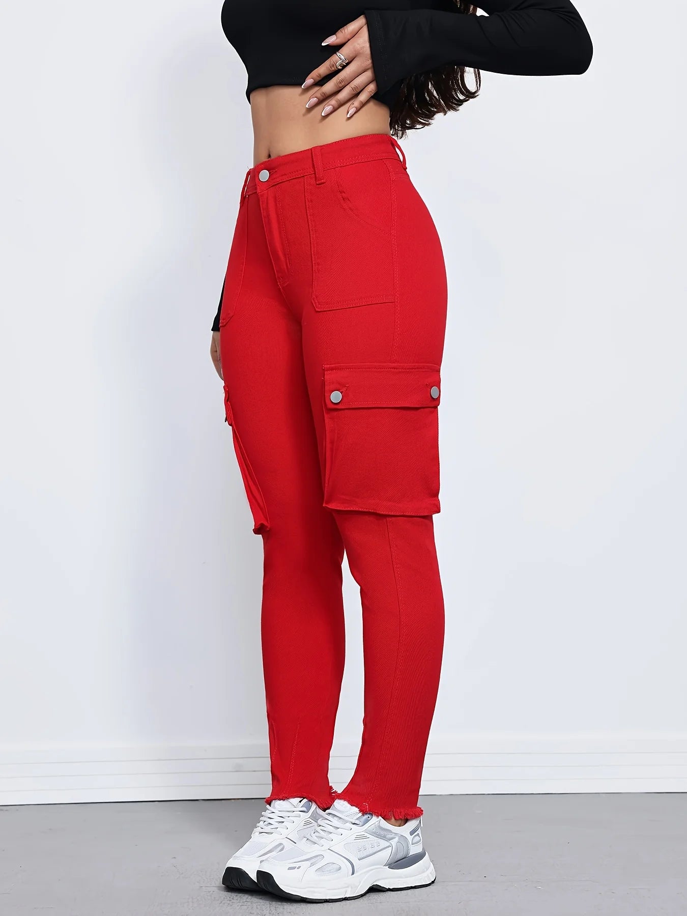 Women's Red Stretch Denim Overalls Mid-rise Slim Fit Multiple Pockets Solid Color Washed Design Side Pockets Four-season Street