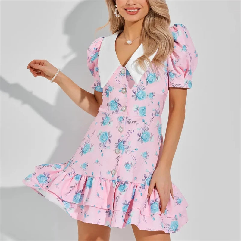 Tornova Women’s Puff Sleeve Ruffle Mini Dress – V-Neck, High Waist, Pearl Buttons