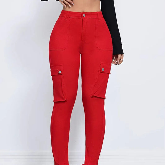 Women's Red Stretch Denim Overalls Mid-rise Slim Fit Multiple Pockets Solid Color Washed Design Side Pockets Four-season Street