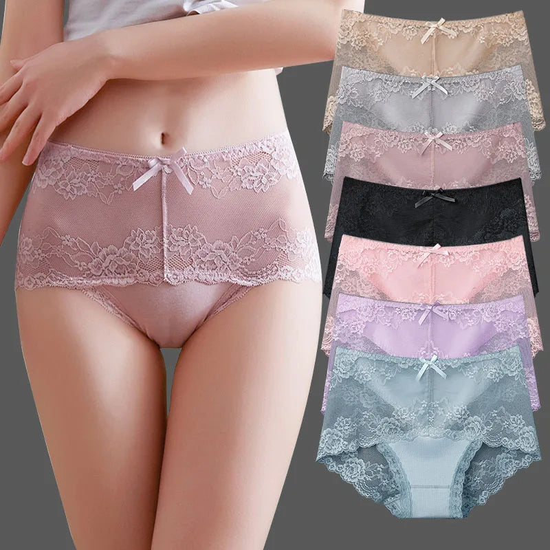 7Pcs Women's Cotton Underwear Set – Plus Size Lace Transparent Panties, Antibacterial & Comfortable Lingerie