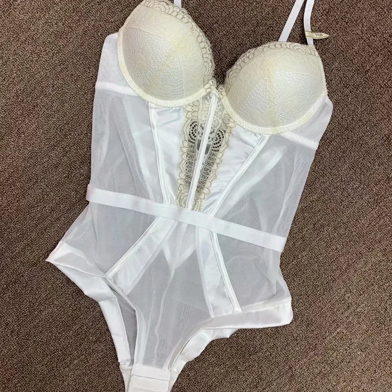 Plus Size Sexy Lace Bodysuit Lingerie – Sheer Push-Up One-Piece Shapewear for Women