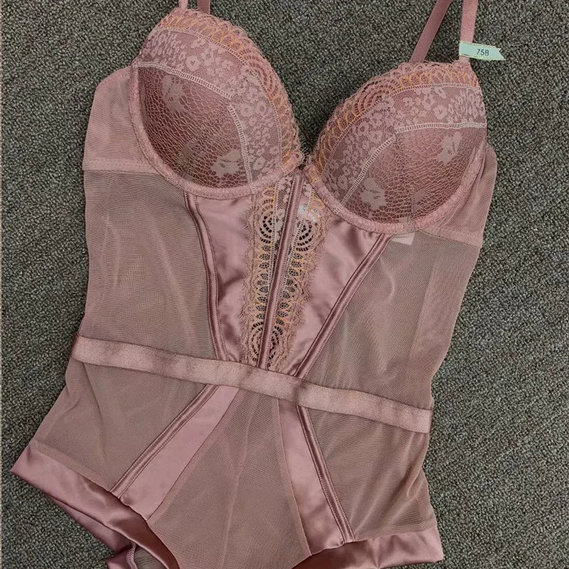 Plus Size Sexy Lace Bodysuit Lingerie – Sheer Push-Up One-Piece Shapewear for Women