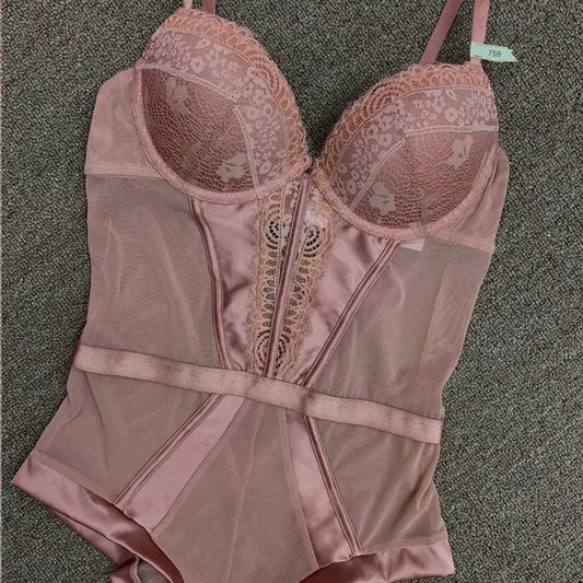 Plus Size Sexy Lace Bodysuit Lingerie – Sheer Push-Up One-Piece Shapewear for Women