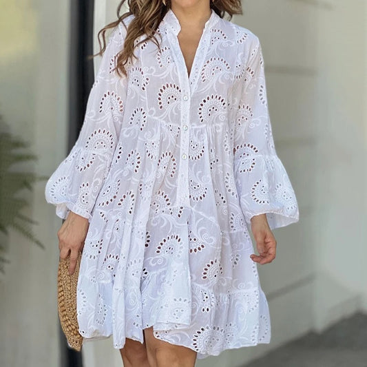 Summer Elegant Vintage Solid Lace Dress V-neck Loose Hollow Out Pattern Embroidery Vestidos Women Beach Sexy Mini White Dresses