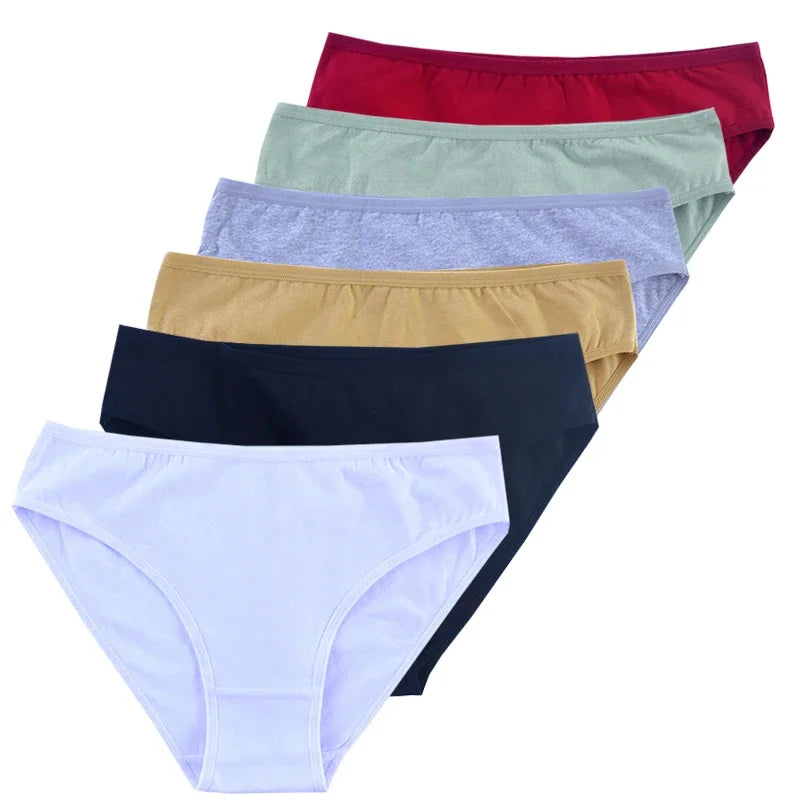 6-Pack Women's Cotton Panties – Mid-Waist, Solid Colors, Breathable & Soft Underwear