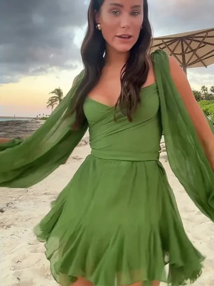 Sexy Green Pleated Mini Dress for Women Elegant V-neck Split Long Sleeve A-line Dresses Summer Lady Solid Backless Lace Up Robes