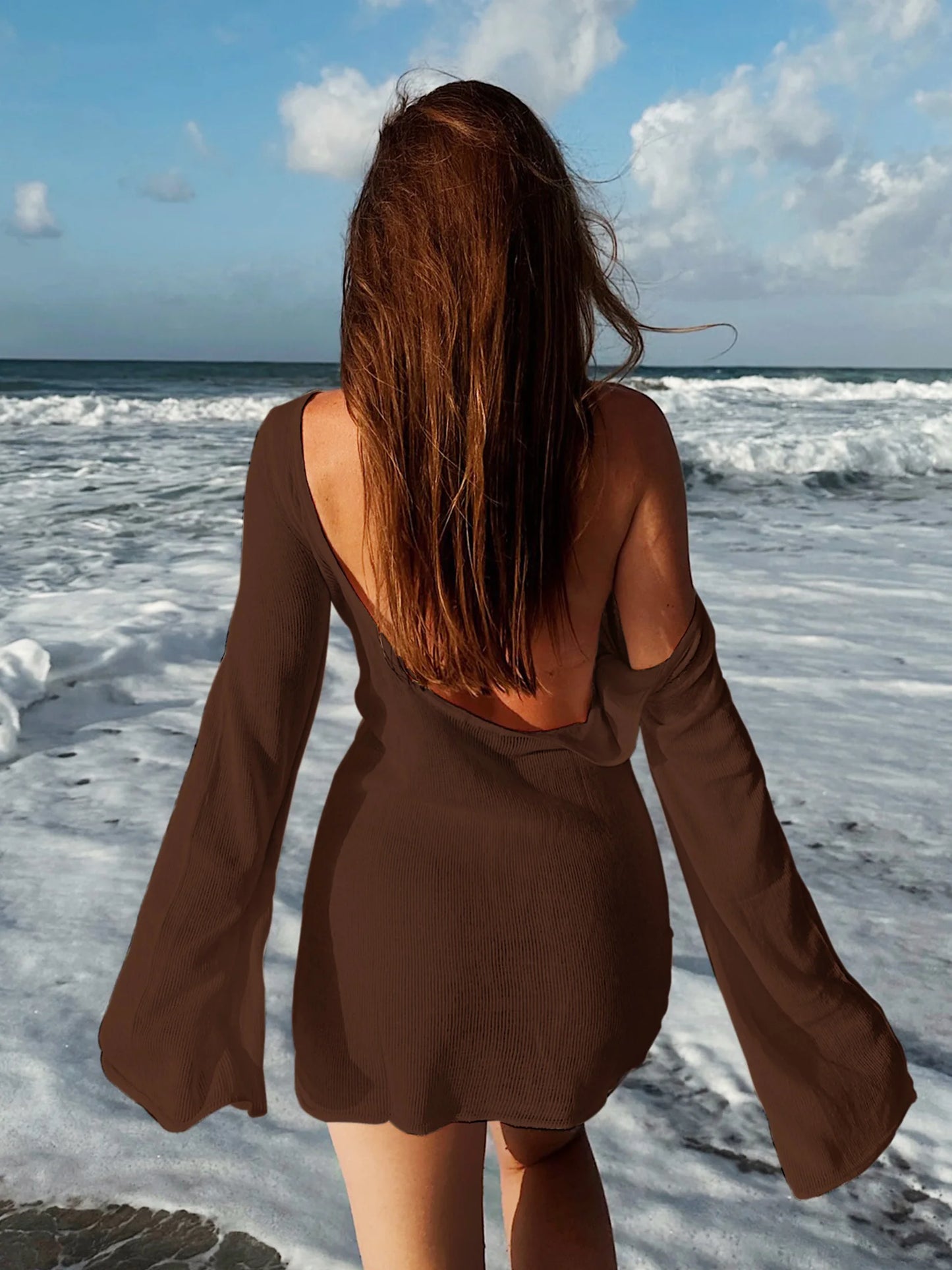 Sexy See Through Women Backless Bell Sleeve 2025 Summer Solid Knit Beach Swimwear Coverups Elegant Crew Neck Mini Dresses K98
