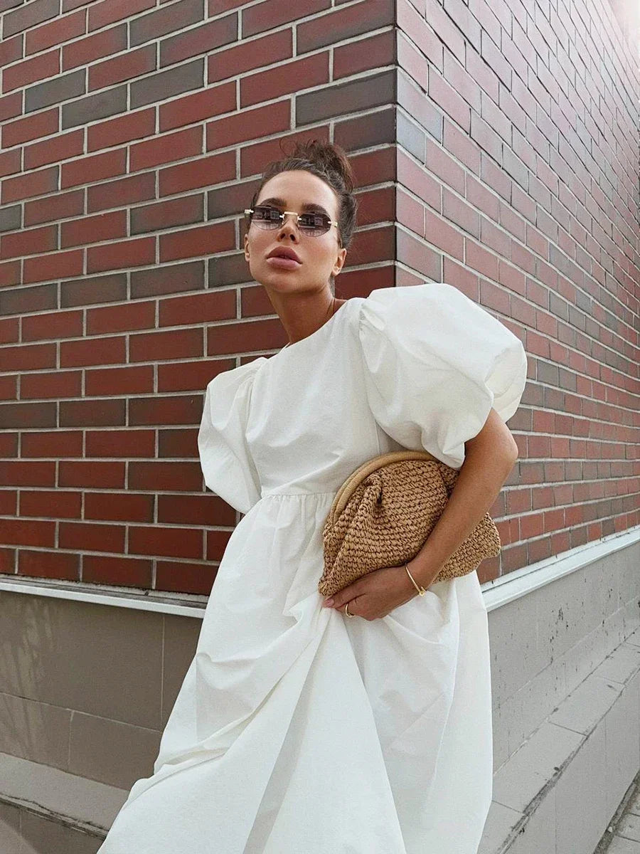 Wolfeel 100% Cotton Women's Oversized Bubble Sleeve Dresses Fashionable Ladies O-Neck Chic Short Sleeve Summer Loose Long Dress