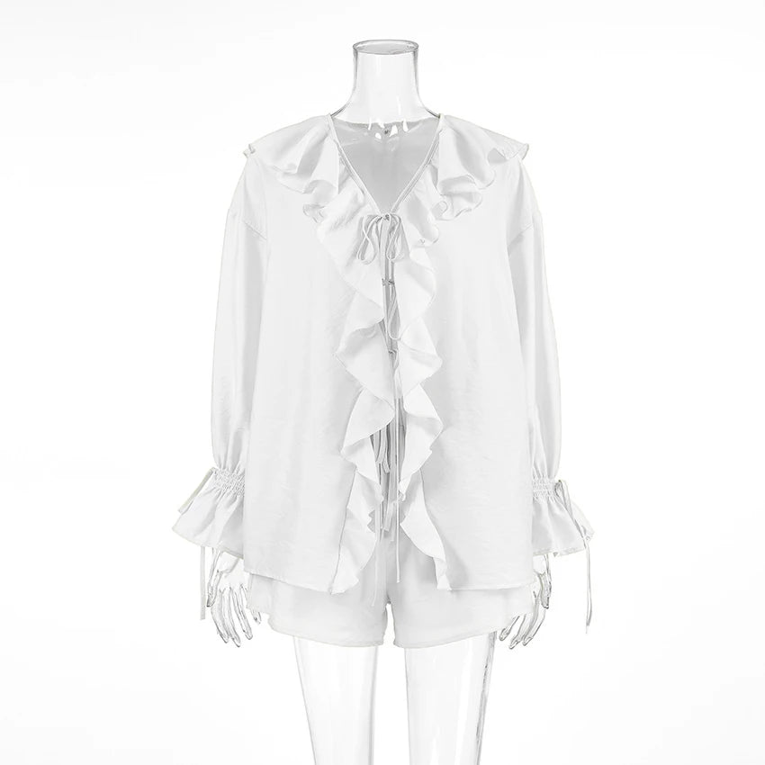 Tornova Women's 2-Piece Ruffled Shorts Set – V-Neck Lace-Up Top & Casual Summer Shorts