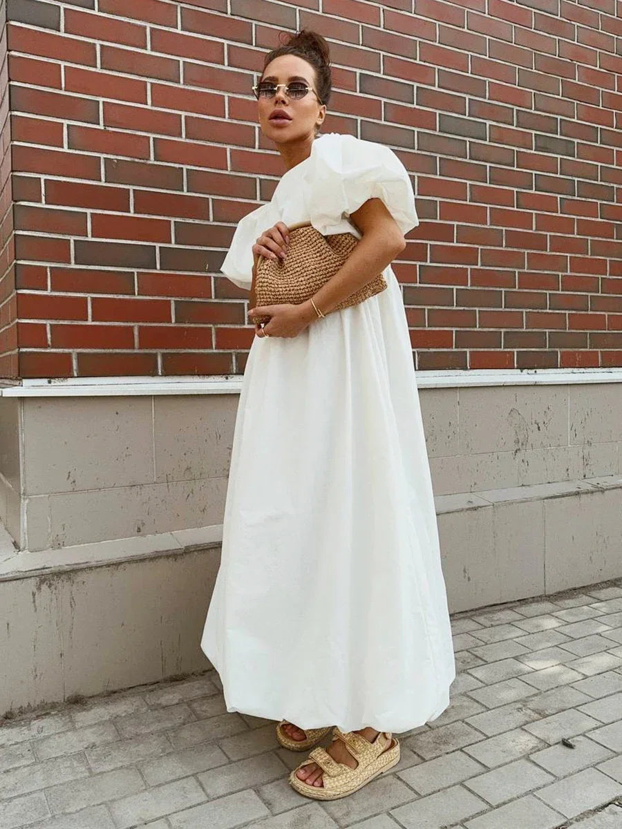 Wolfeel 100% Cotton Women's Oversized Bubble Sleeve Dresses Fashionable Ladies O-Neck Chic Short Sleeve Summer Loose Long Dress
