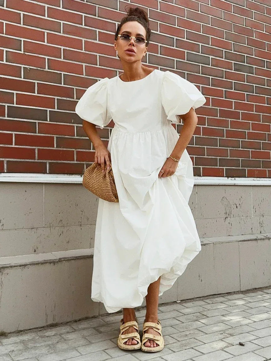Wolfeel 100% Cotton Women's Oversized Bubble Sleeve Dresses Fashionable Ladies O-Neck Chic Short Sleeve Summer Loose Long Dress