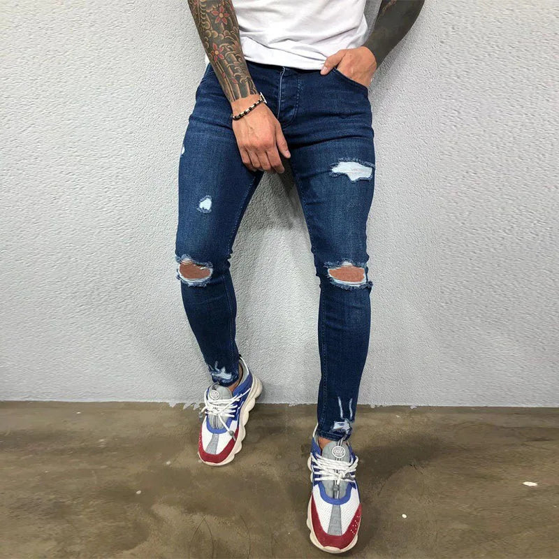 White Embroidery Skinny Ripped Jeans Men Cotton Stretchy Slim Fit Hip Hop Denim Pants Casual Jeans for Men Jogging Trousers