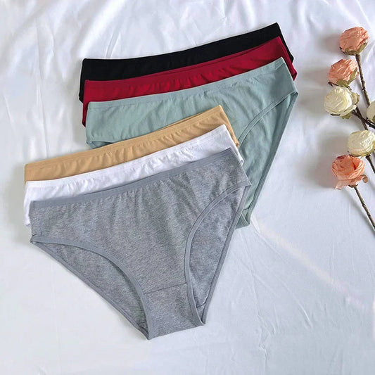 6-Pack Women's Cotton Panties – Mid-Waist, Solid Colors, Breathable & Soft Underwear