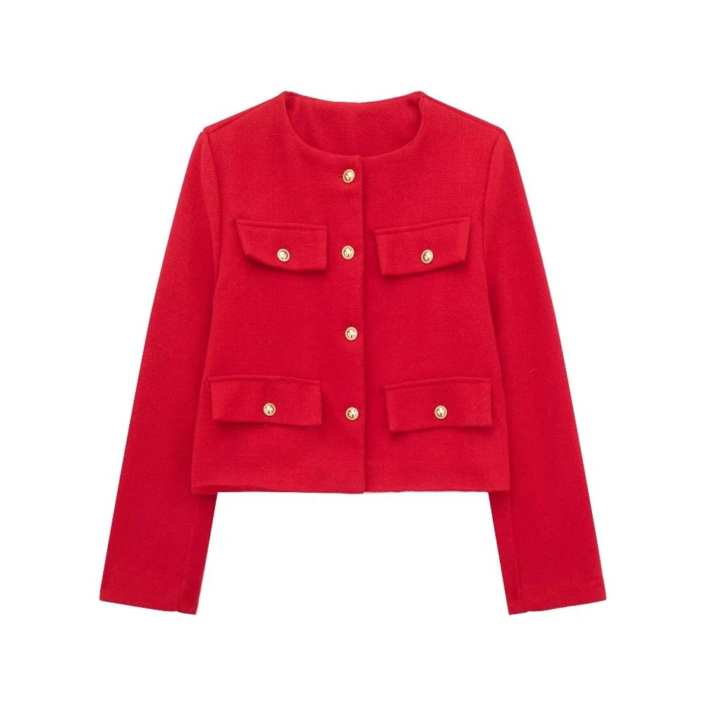 TRZA-Women's Golden Button Jacket Coat, O Neck, Long Sleeve, Female Outerwear, Chic Tops, Fashion