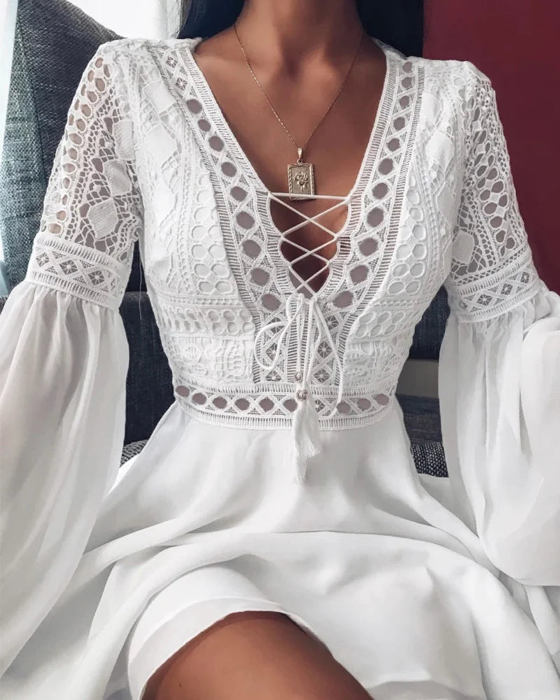 Women's A-Line Chiffon Mini Dress – V-Neck, Long Sleeve, Ruffle Detail