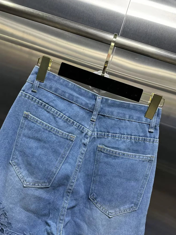 VGH Casual Hollow Out Spliced Lace Solid Jeans For Women High Waist Patchwork Pockets Minimalist Loose Wide Leg Pants Female New
