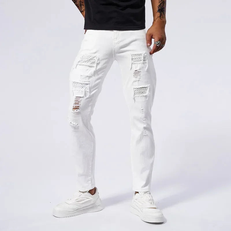 98% Cotton Ripped Slim White Jeans Men High Elasticity Clothing Fashion Small Feet Hip Hop Male Denim Trousers Streetwear