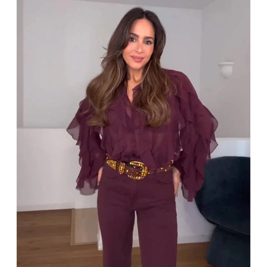 TRAF Ruffle Womens Blouses Semi Sheer Casual Blouses Woman Spring Fairy Shirts and Blouses for Lady Long Sleeve Tops Woman 2025
