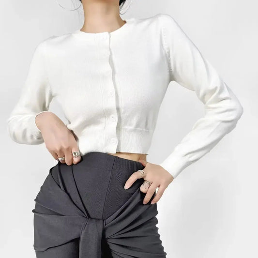 2024 Retro Pointelle Knit Cropped Cardigan for Women – Button Front, Long Sleeve