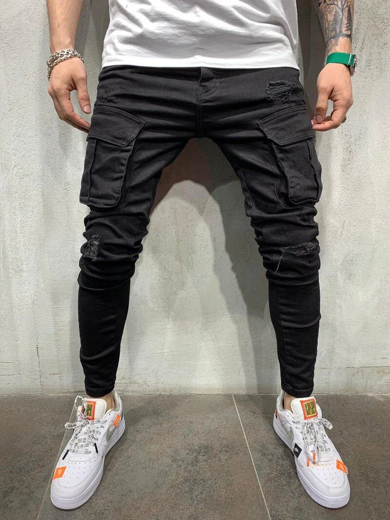Mens Stretchy Skinny Ripped Jeans Men Side Pocket Washed Slim Denim Pants Biker Jeans Fashion Sweatpants Hip Hop Trousers Jogger
