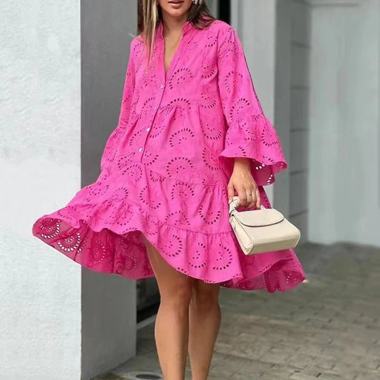 Summer Elegant Vintage Solid Lace Dress V-neck Loose Hollow Out Pattern Embroidery Vestidos Women Beach Sexy Mini White Dresses