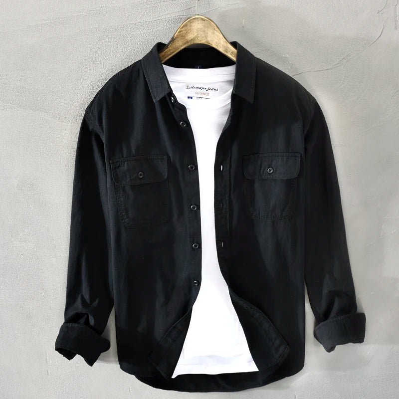 HIQOR 2025 Men Casual White Shirts Long-sleeved Chest Two Pocket Design 100% Cotton Solid Casual Turn-down Collar Shirt M-3XL