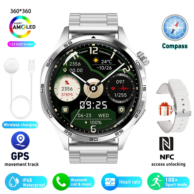 GPS NFC Smartwatch Men 360*360 AMOLED HD Screen Bluetooth Call Waterproof Men Smart Watch 2025 New For Huawei Watch 5 PRO