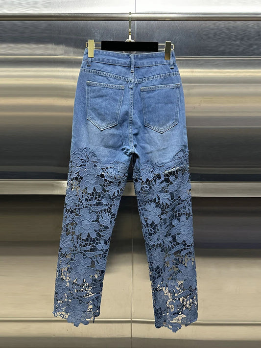 VGH Casual Hollow Out Spliced Lace Solid Jeans For Women High Waist Patchwork Pockets Minimalist Loose Wide Leg Pants Female New