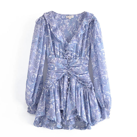 Women's Blue Floral Holiday Chiffon Dress – Ruched Waist & Long Sleeves