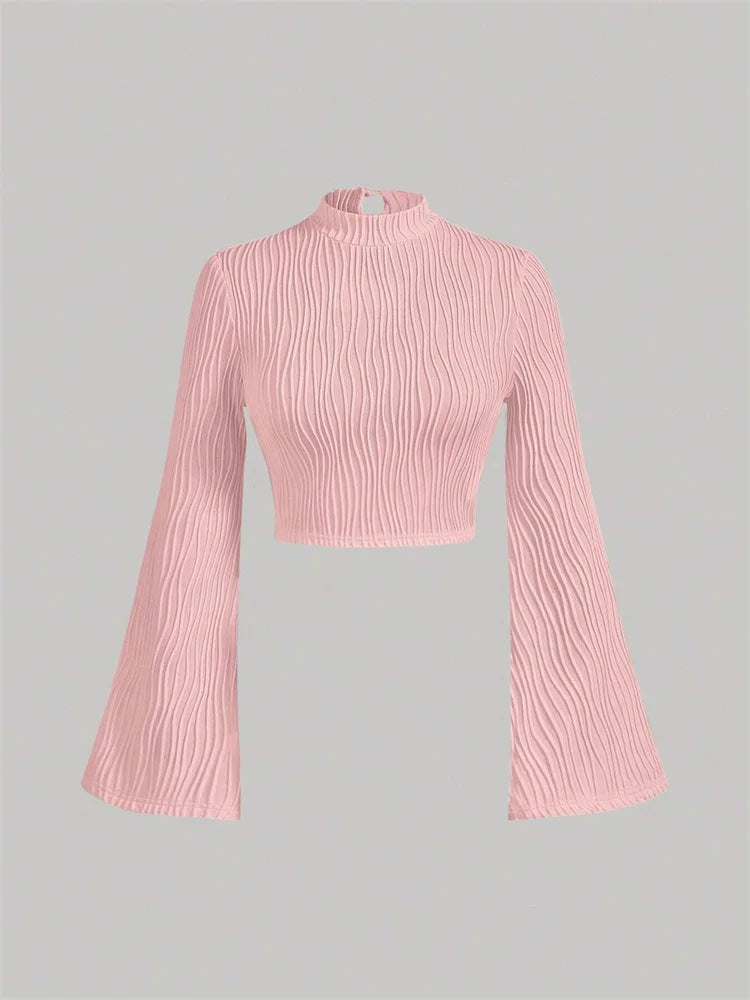 Women Textured Mock Neck Flare Long Sleeve Crop Top Fall Winter Elegant Preppy Style Y2K Rib Knit Slim T Shirt Blouse 2023