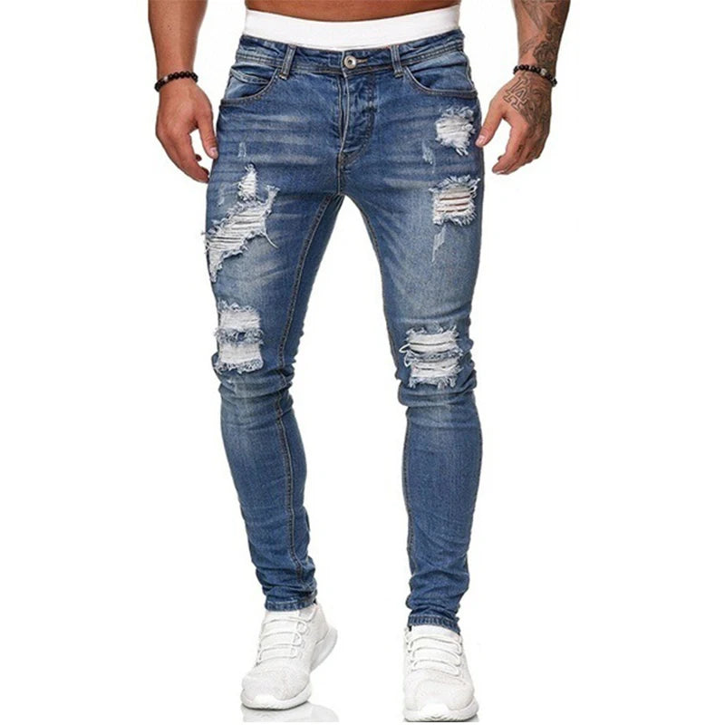 White Embroidery Skinny Ripped Jeans Men Cotton Stretchy Slim Fit Hip Hop Denim Pants Casual Jeans for Men Jogging Trousers