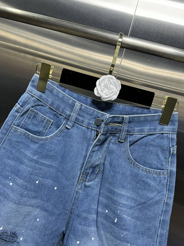 VGH Casual Hollow Out Spliced Lace Solid Jeans For Women High Waist Patchwork Pockets Minimalist Loose Wide Leg Pants Female New