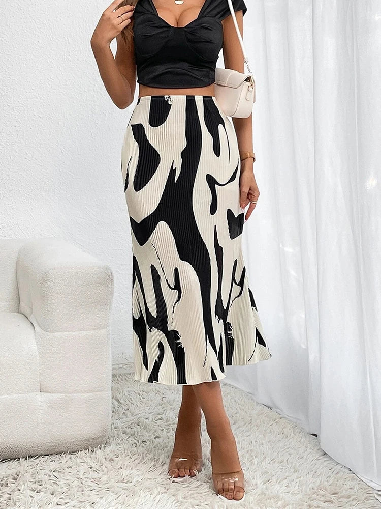 Dressy Casual Graphic Print Pleated Long Skirts Women Autumn Fashion Elastic High Waist Geometry Midi Skirt Streetwear 2023
